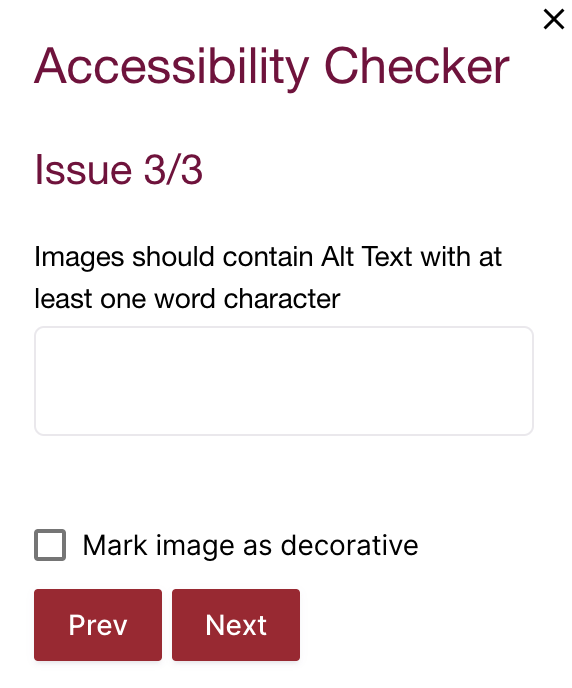 A window labelled "Accessibility Checker" noting that an image requires alt text. There is a plain text box underneath where you can type your alt text. Beneath that is a checkbox where you can note if the image is decorative. 